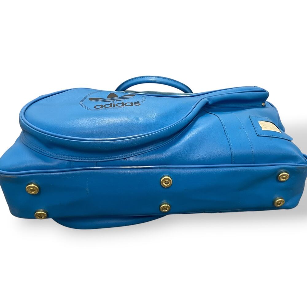Rare Vintage 1970s Adidas Electric Blue Leather Tennis Bag Trefoil Era Duffel - Picture 3 of 9